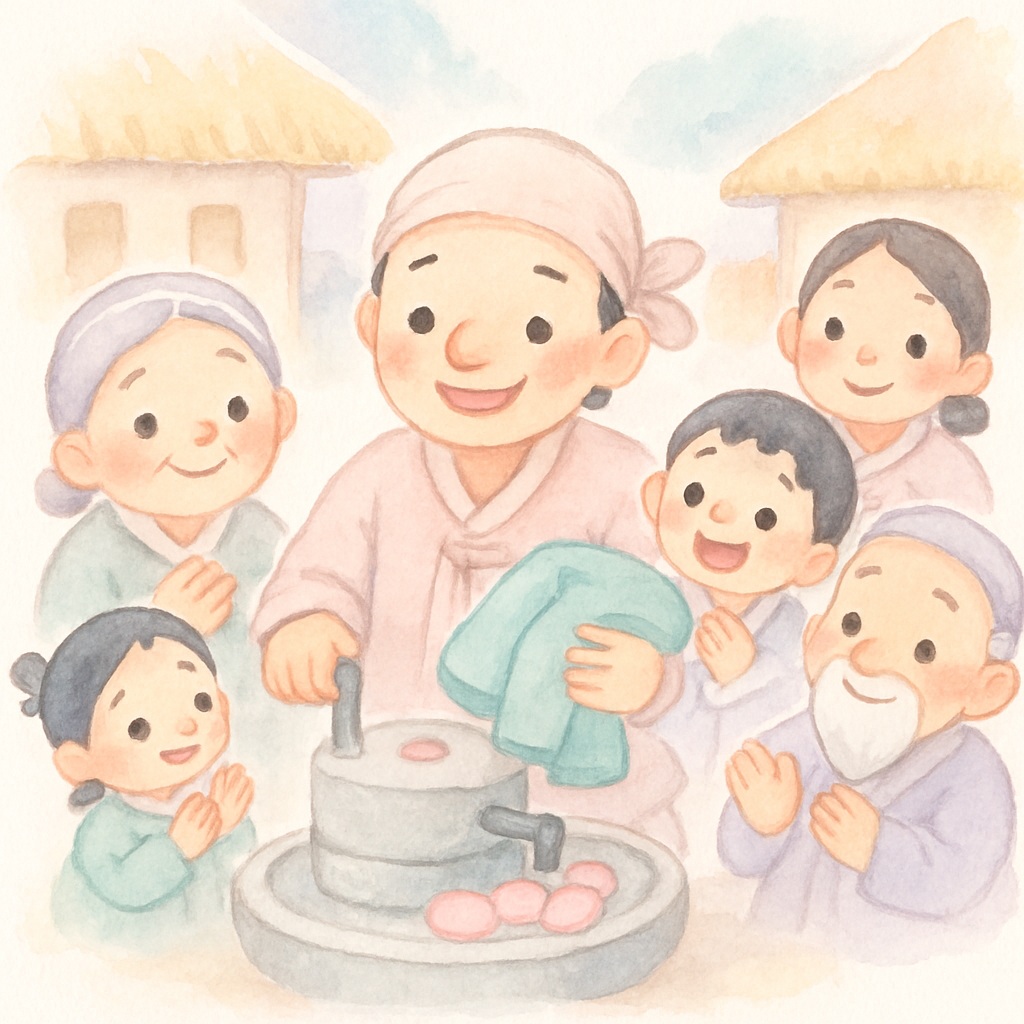 형이 맷돌로 만든 떡과 옷을 이웃들에게 나눠주며 모두가 행복해하는 장면